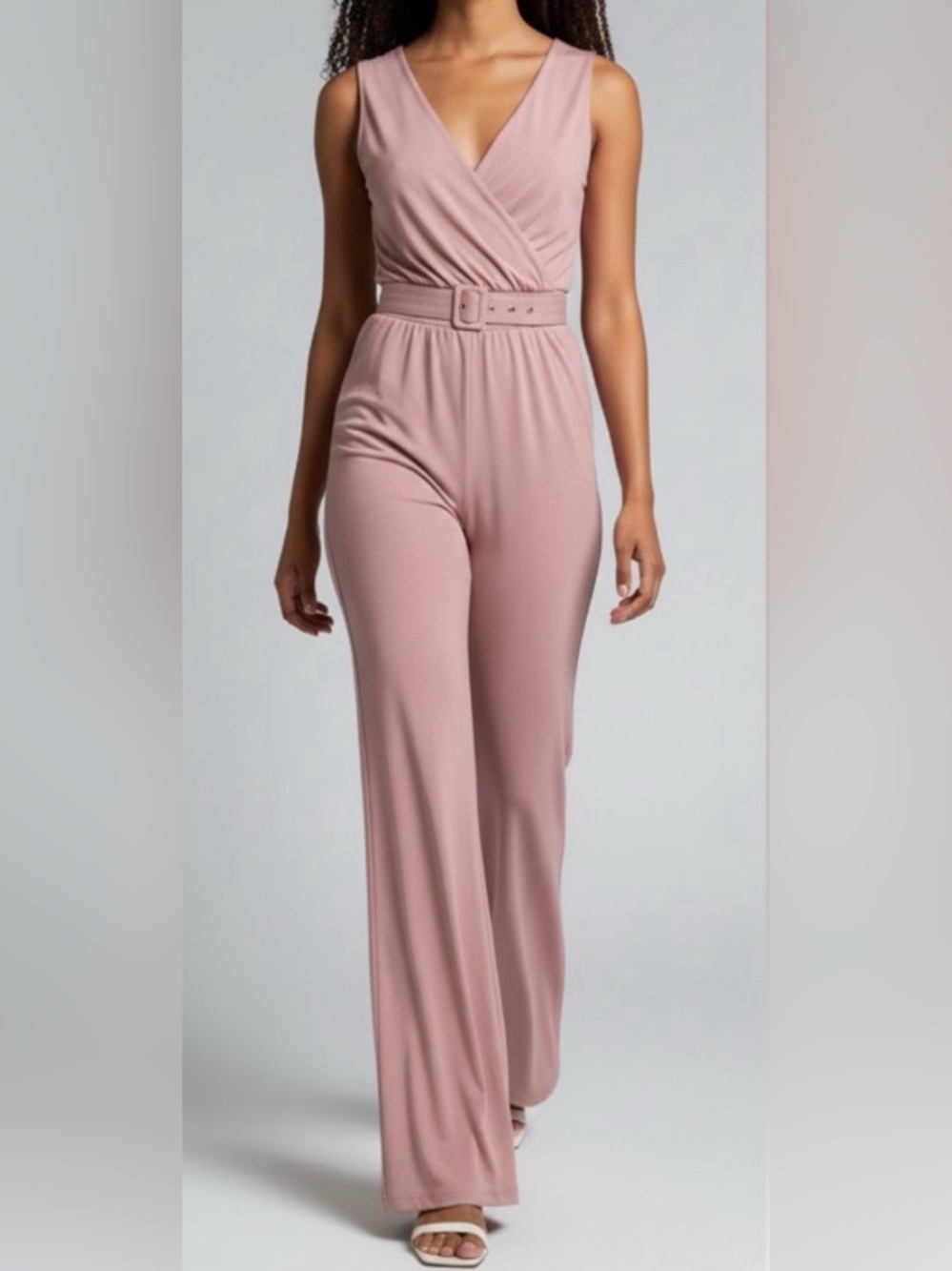 NEW Halara V Neck Wide Leg Pink Rose Belted Pocket Work Jumpsuit Womens Small